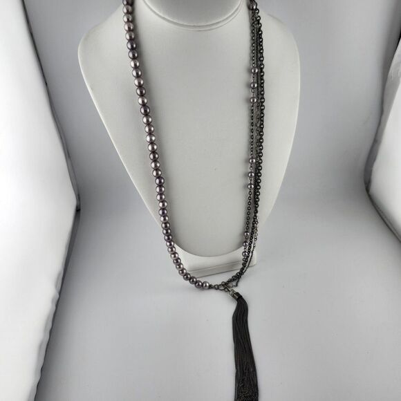 Express Jewelry - Express‎ Gun Metal Gray Faux Pearl Necklace With Chain Tassel